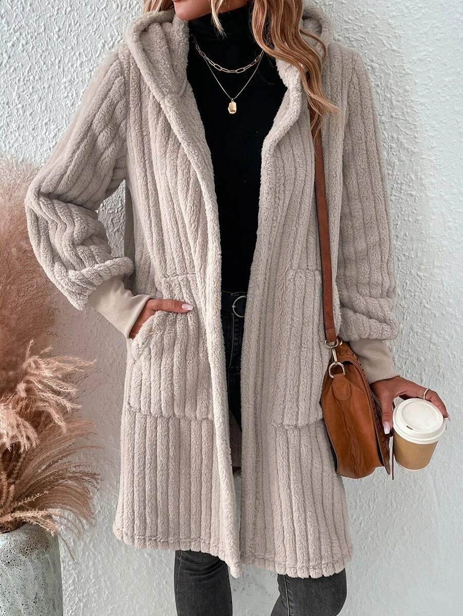 SHEIN LUNE Dual Pocket Hooded Flannel Coat - Apricot - View 1