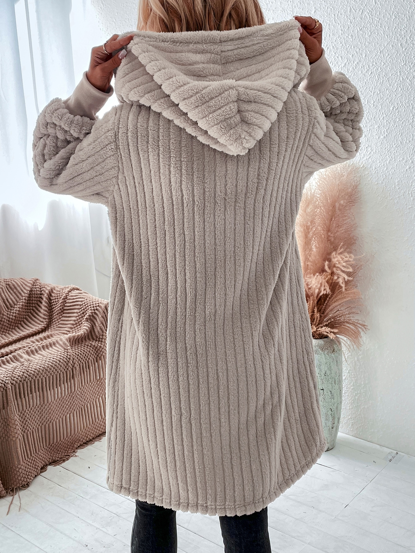 SHEIN LUNE Dual Pocket Hooded Flannel Coat SHEIN UK