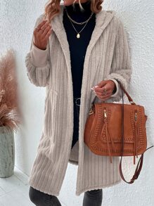 SHEIN LUNE Dual Pocket Hooded Flannel Coat - Apricot - View 3