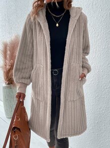 SHEIN LUNE Dual Pocket Hooded Flannel Coat - Apricot - View 4