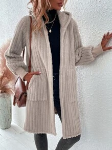 SHEIN LUNE Dual Pocket Hooded Flannel Coat - Apricot - View 5