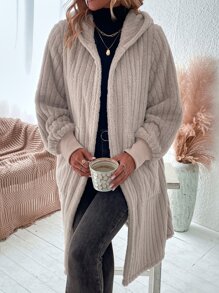 SHEIN LUNE Dual Pocket Hooded Flannel Coat - Apricot - View 6