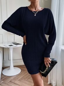 SHEIN Essnce Crisscross Back Dolman Sleeve Dress - Navy Blue - View 4