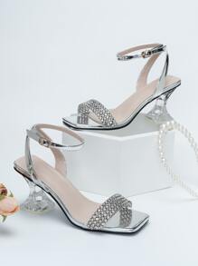 水鑽裝飾異形高跟踝帶涼鞋 - 銀色 - 查看 1