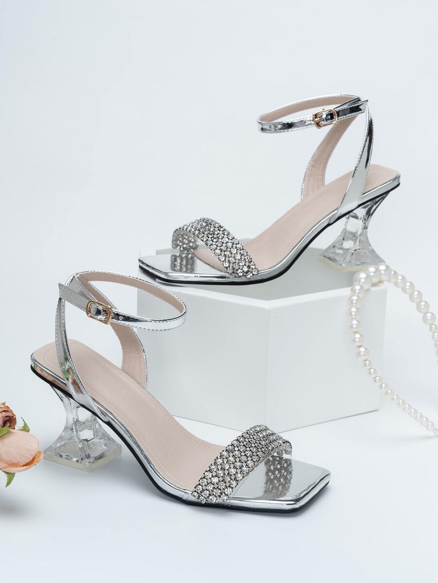 水鑽裝飾異形高跟踝帶涼鞋 - 銀色 - 查看 1
