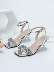 水鑽裝飾異形高跟踝帶涼鞋 - 銀色 - 查看 2