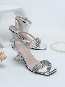 水鑽裝飾異形高跟踝帶涼鞋 - 銀色 - 查看 3