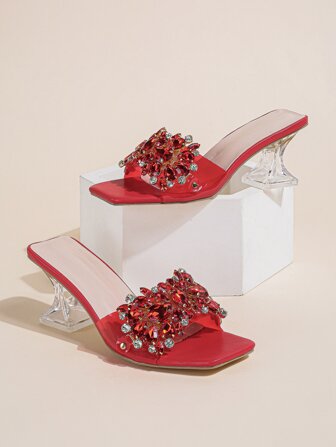 Women's Red Party Pumps With Rhinestones & Gems, Muller Heel Rhinestone Decorated Carved High-Heeled Mules Sandals Valentines