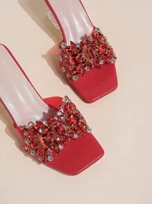 女士紅色派對高跟鞋，鑲有水鑽和寶石，穆勒鞋跟水鑽裝飾雕刻高跟穆勒鞋 - 紅色 - 查看 4