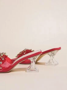 女士紅色派對高跟鞋，鑲有水鑽和寶石，穆勒鞋跟水鑽裝飾雕刻高跟穆勒鞋 - 紅色 - 查看 5