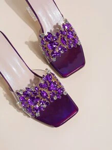 Spring/Summer Rhinestone Decor Sculptural Heeled Mule Sandals, Purple Party Rhinestone & Gems Decoration Solid Color Mule Heels Valentines - Purple - View 4