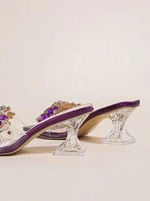 Spring/Summer Rhinestone Decor Sculptural Heeled Mule Sandals, Purple Party Rhinestone & Gems Decoration Solid Color Mule Heels Valentines - Purple - View 5