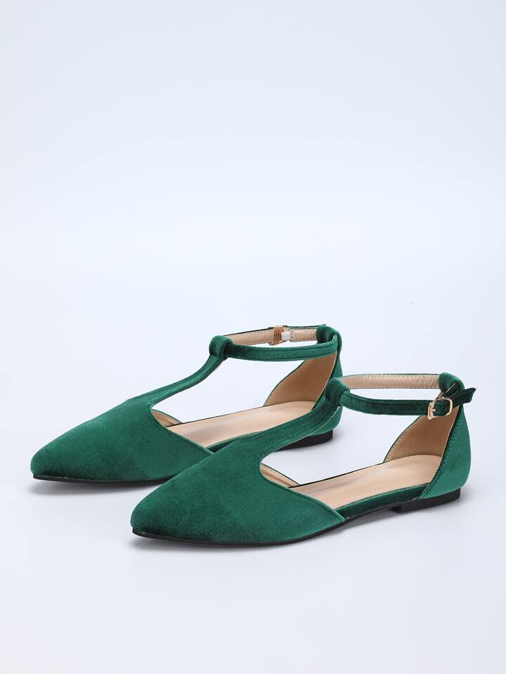 Point Toe Velvet Ankle Strap Flats SHEIN