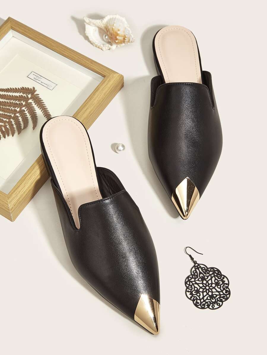 Metallic Detail Point Toe Flat Mules - Black - View 1