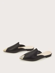 Metallic Detail Point Toe Flat Mules - Black - View 2