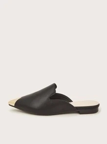 Metallic Detail Point Toe Flat Mules - Black - View 3