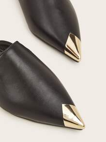 Metallic Detail Point Toe Flat Mules - Black - View 4