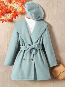 Tween Girl Double Breasted Belted Overcoat - Mint Green - View 1