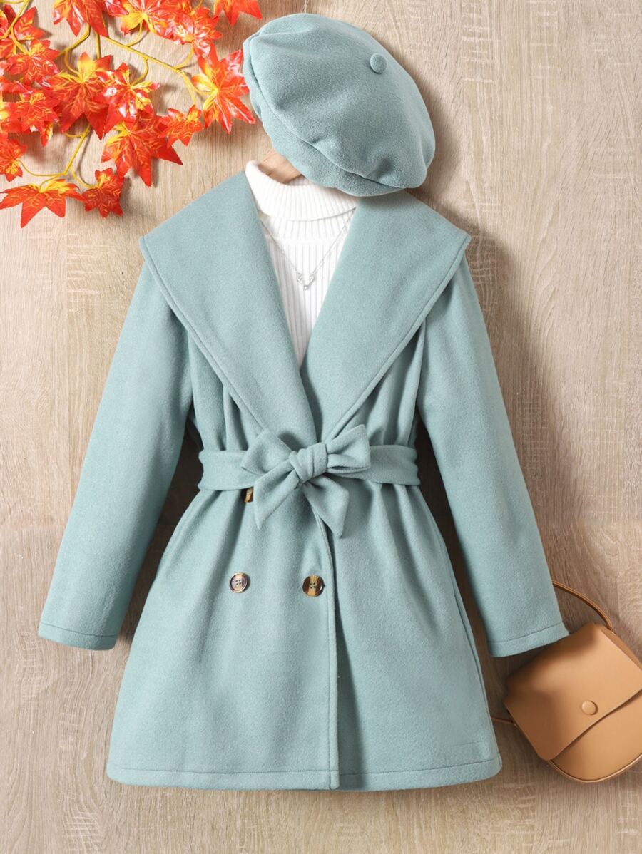 Tween Girl Double Breasted Belted Overcoat - Mint Green - View 1