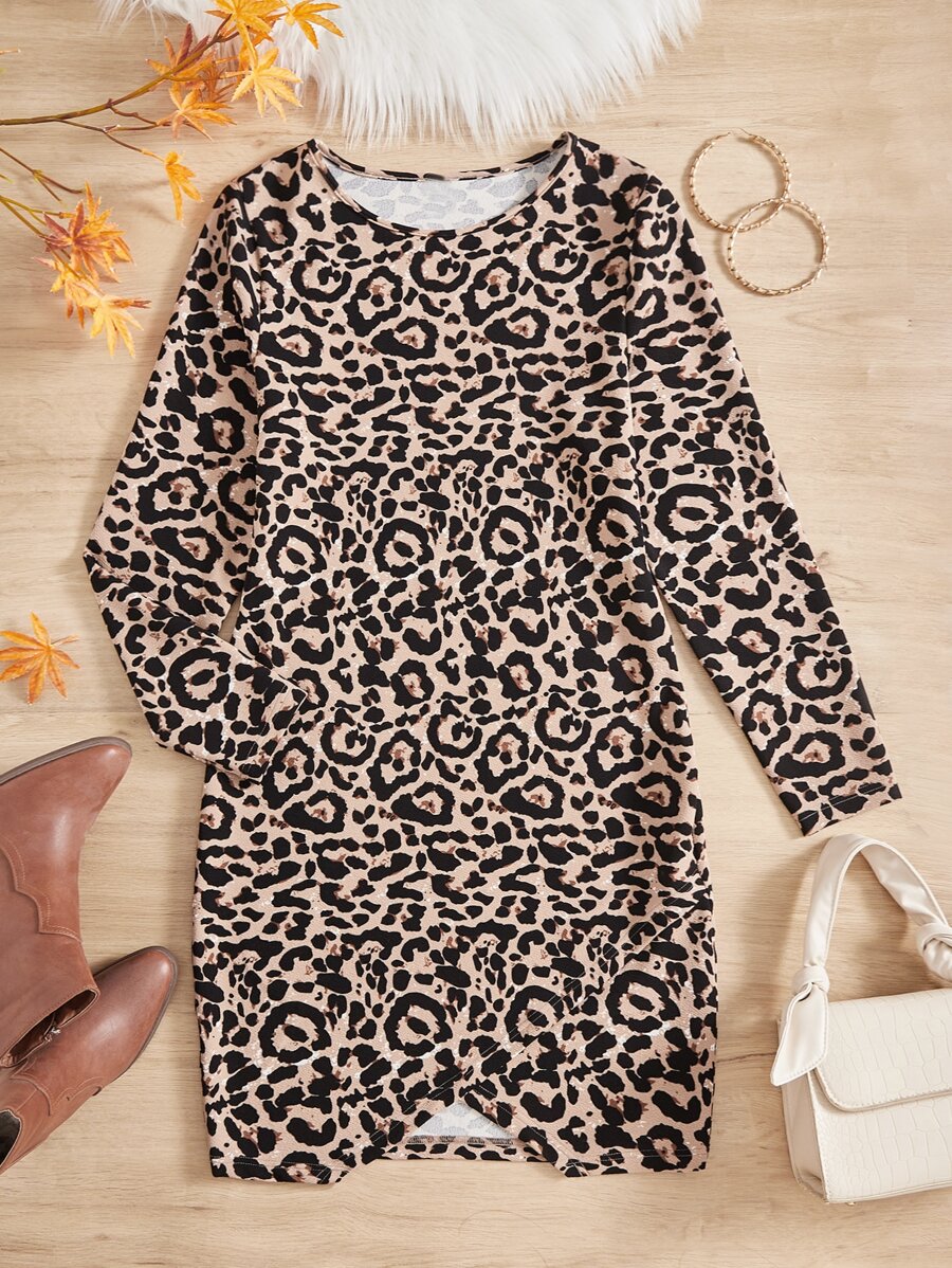 SHEIN Clasi Plus Leopard Print Tulip Hem Bodycon Dress - Multicolor - View 1