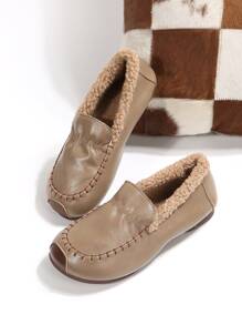 針腳細節加絨內裏平底樂福鞋 - 摩卡棕 - 查看 1