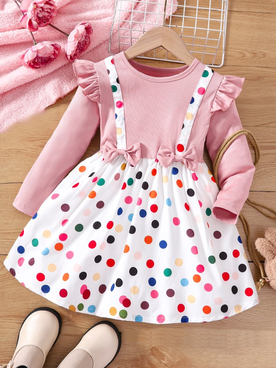 Toddler Girls Polka Dot Print Bow Front Ruffle Trim 2 In 1 Dress - Multicolor - View 1