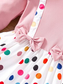Toddler Girls Polka Dot Print Bow Front Ruffle Trim 2 In 1 Dress - Multicolor - View 5