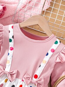 Toddler Girls Polka Dot Print Bow Front Ruffle Trim 2 In 1 Dress - Multicolor - View 6