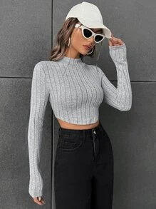 SHEIN EZwear Mock Neck Ribbed Knit Crop Tee - Light Grey - View 3