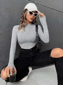 SHEIN EZwear Mock Neck Ribbed Knit Crop Tee - Light Grey - View 6