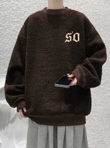 Manfinity Men Letter Embroidery Drop Shoulder Teddy Pullover - Chocolate Brown - View 1