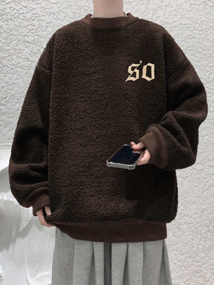 Manfinity Men Letter Embroidery Drop Shoulder Teddy Pullover - Chocolate Brown - View 1