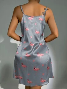 心和火烈鳥圖案緞面吊帶睡裙 - 灰色 - 查看 2