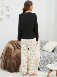 Cartoon Graphic PJ Set / Pajama Set - Multicolor - View 2