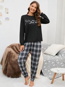 Conjunto de pijama con parte superior con gráfico de lema y pantalones a cuadros - Blanco y Negro - Ver 3