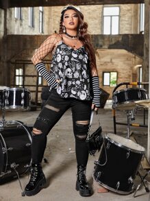 ROMWE PUNK Plus Skull Print Cami Top Without Gloves - Black and White - View 5