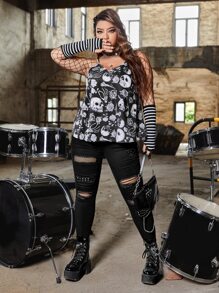 ROMWE PUNK Plus Skull Print Cami Top Without Gloves - Black and White - View 6