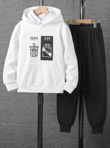 Chicos Pantalones deportivos con capucha con estampado de slogan con bolsillo de canguro sin camisa - Blanco y Negro - Ver 1