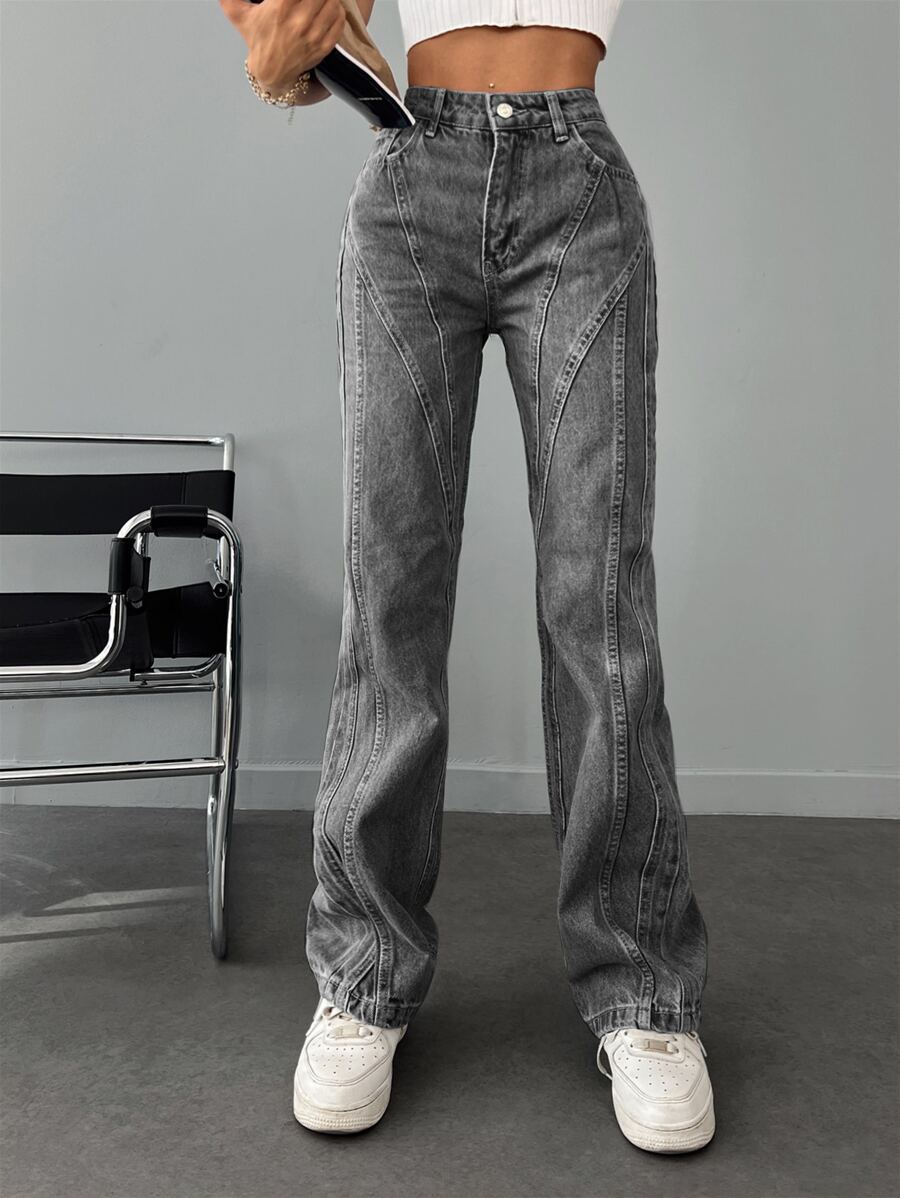 RueChic Seam Front Straight Leg Jeans - Grey - View 1