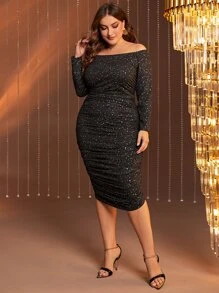 Modelyn Vestido ajustado de hombros descubiertos fruncido brillante - Negro - Ver 4