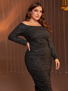 Modelyn Vestido ajustado de hombros descubiertos fruncido brillante - Negro - Ver 5