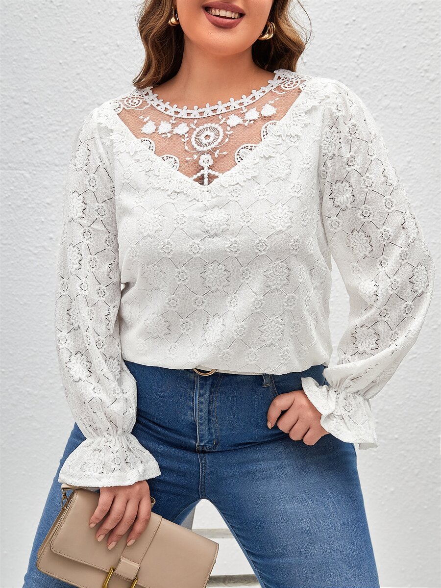 SHEIN Frenchy Áo thun Plus size Nút Tương phản Mesh Thêu Xù màu trơn Giải trí - trắng - Xem 1