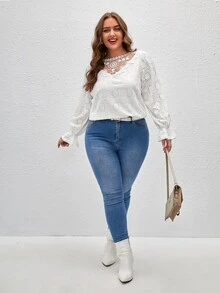 SHEIN Frenchy Áo thun Plus size Nút Tương phản Mesh Thêu Xù màu trơn Giải trí - trắng - Xem 6