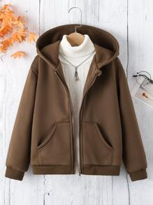 SHEIN Explorewe 1 Chaqueta Con Capucha Con Cierre De Cremallera Para Niña Preadolescente, Con Hombros Caídos - Café integral - Ver 1