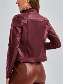 SHEIN LUNE Zip Up PU Leather Biker Jacket - Burgundy - View 2