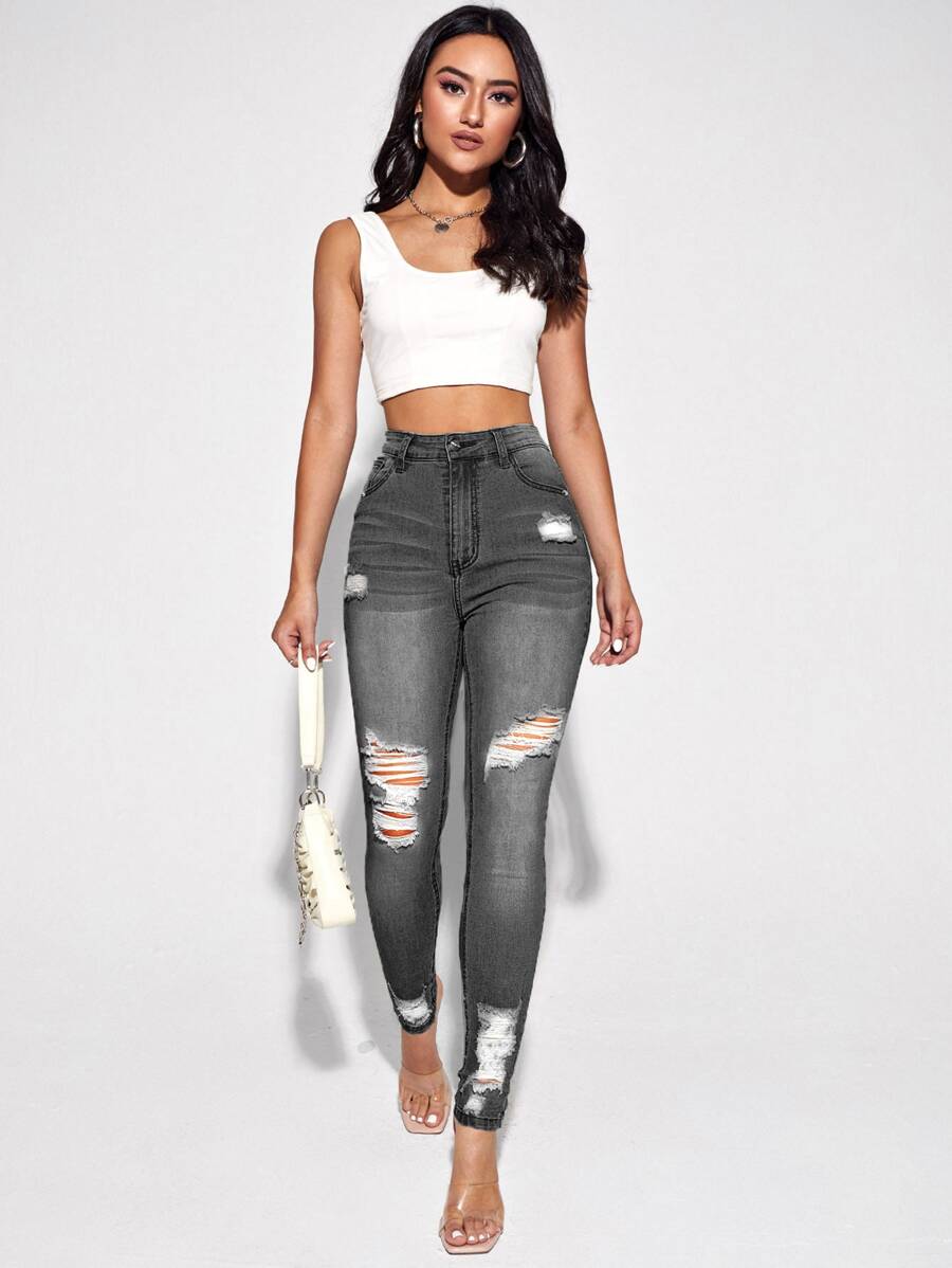 SHEIN Essnce Ripped Skinny Jeans - Dark Grey - View 1