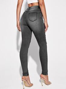 SHEIN Essnce Ripped Skinny Jeans - Dark Grey - View 3