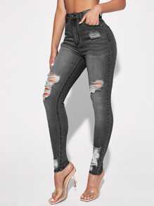 SHEIN Essnce Ripped Skinny Jeans - Dark Grey - View 4