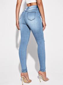 Selenza 高腰破洞緊身牛仔褲 - 淺色水洗藍 - 查看 3