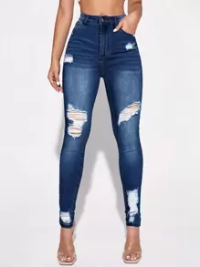 SHEIN Essnce High Waist Ripped Skinny Jeans - Dark Wash - View 2